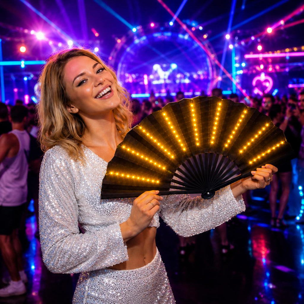 LED Glow Folding Hand Fan, Light Up Dance Fan Black, Fluorescent Party Fan For Rave, Masquerade & Carnival Party | LED Light Up Hand Fan