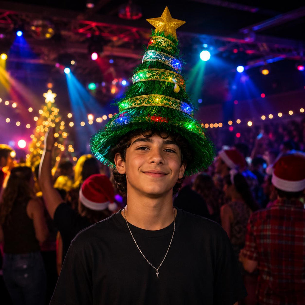 LED Light Up Christmas Tree Hat, Glowing Holiday Party Cap, Funny Ribbon Santa Style Hat, Xmas Costume Accessory For Rave & Halloween Party