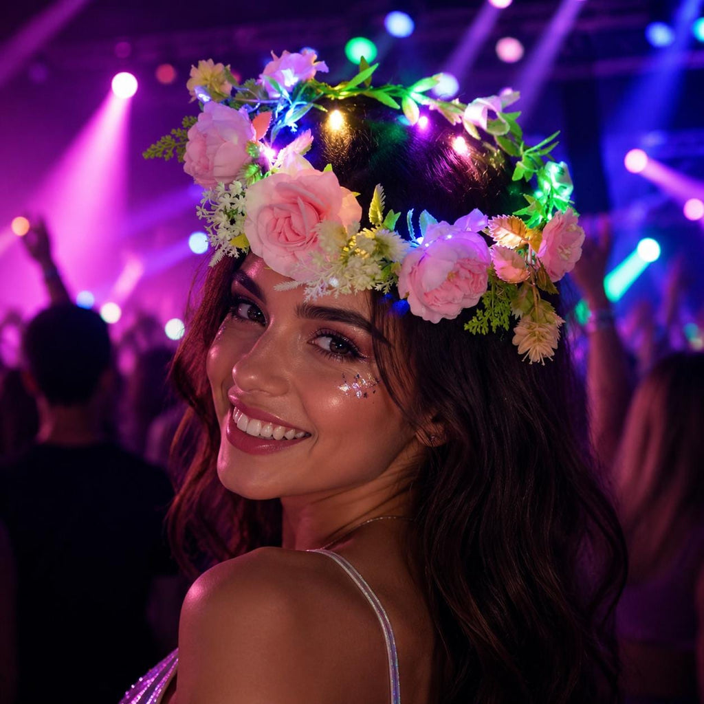 LED Rose Flower Crown Headband, Glowing Floral Hair Hoop for Rave Party, Masquerade Party & Carnival Party, Light Up Flower Wreath Headband