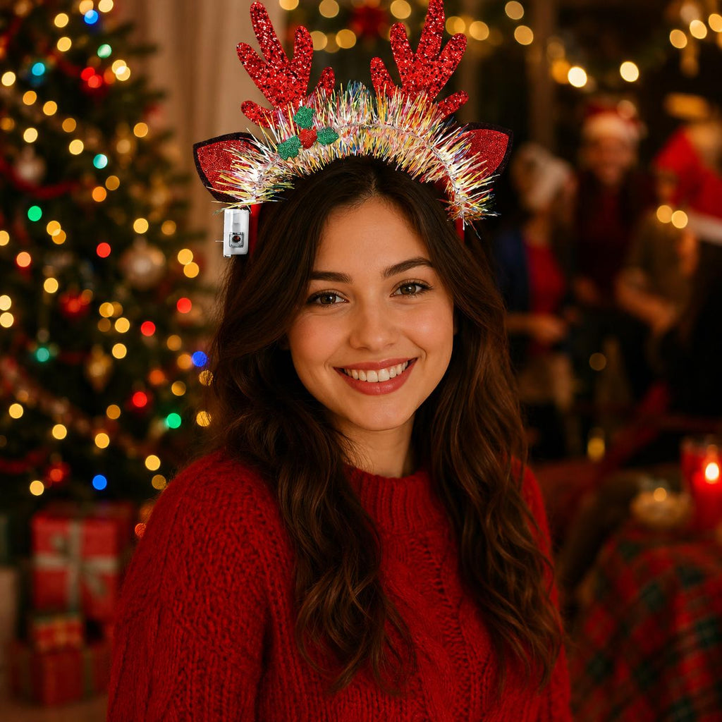 LED Light Christmas Headband, Light Up Elk Horn Snowflake Xmas Tree Headband For Rave, Masquerade and Carnival Party,LED Rave Party Headband