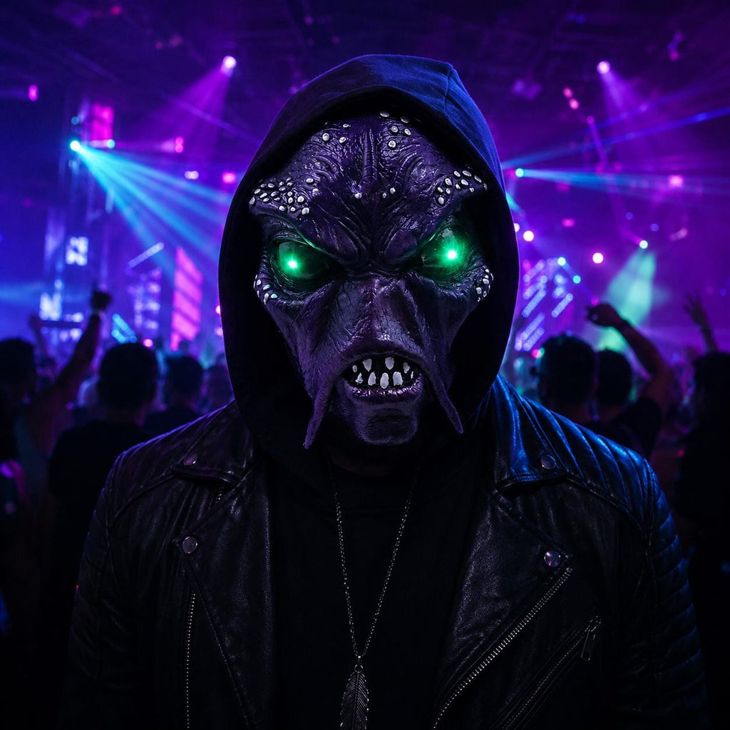 LED Glowing Green Eyes Alien Monster Mask, Purple Latex Full Head Cosplay Mask, Scary Halloween Mask For Rave, Masquerade & Carnival Party