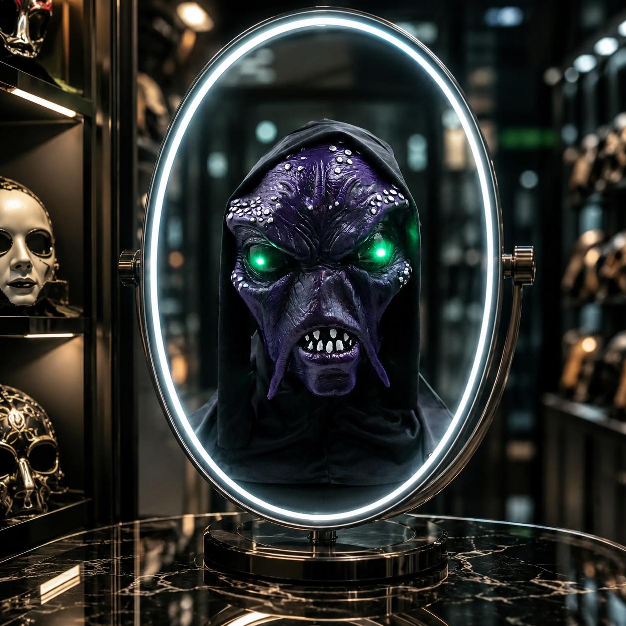 LED Glowing Green Eyes Alien Monster Mask, Purple Latex Full Head Cosplay Mask, Scary Halloween Mask For Rave, Masquerade & Carnival Party