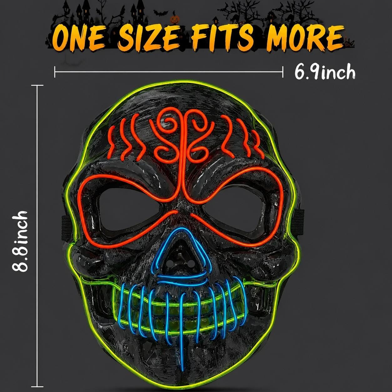 LED Glowing Skull Skeleton Mask, Halloween Horror Cosplay Face Mask, Light Up Mask for Rave, Masquerade & Carnival Party | LED Festival Mask