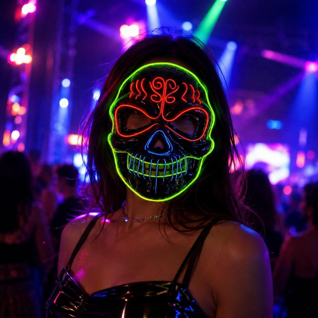 LED Glowing Skull Skeleton Mask, Halloween Horror Cosplay Face Mask, Light Up Mask for Rave, Masquerade & Carnival Party | LED Festival Mask