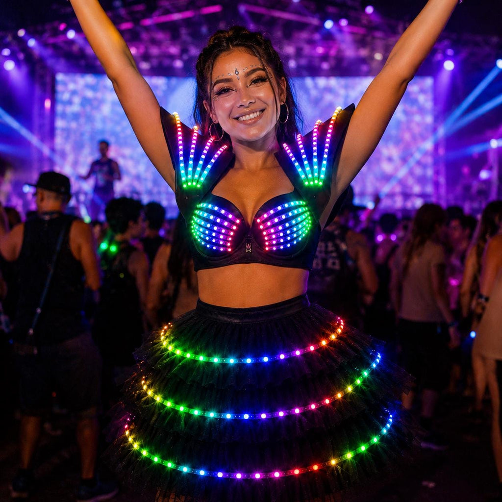LED Futuristic Costume Women Light Up Rave Outfit Luminous Dance Wear Robot Inspired Stage Costume DJ Gogo Dancer Festival Rave Clothing